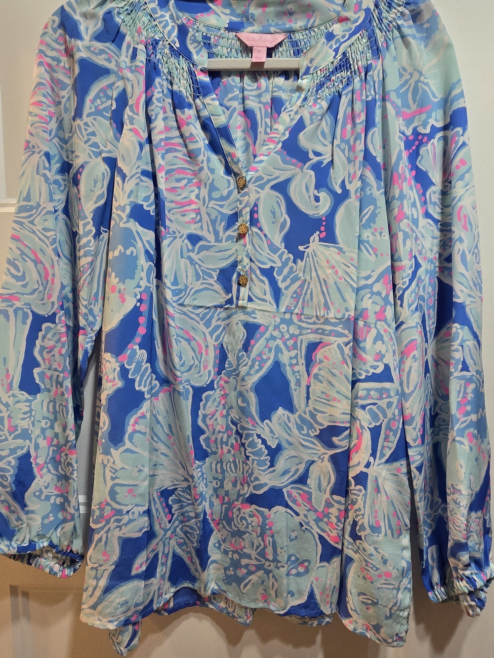 Lilly Pulitzer Blue Aqua Pink Floral Silk Elsa Blouse Size L